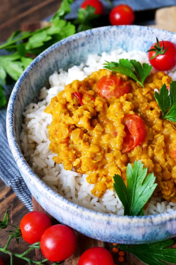 Fertiges rotes Linsen-Curry mit Reis auf einem Teller, garniert mit frischen Kräutern
