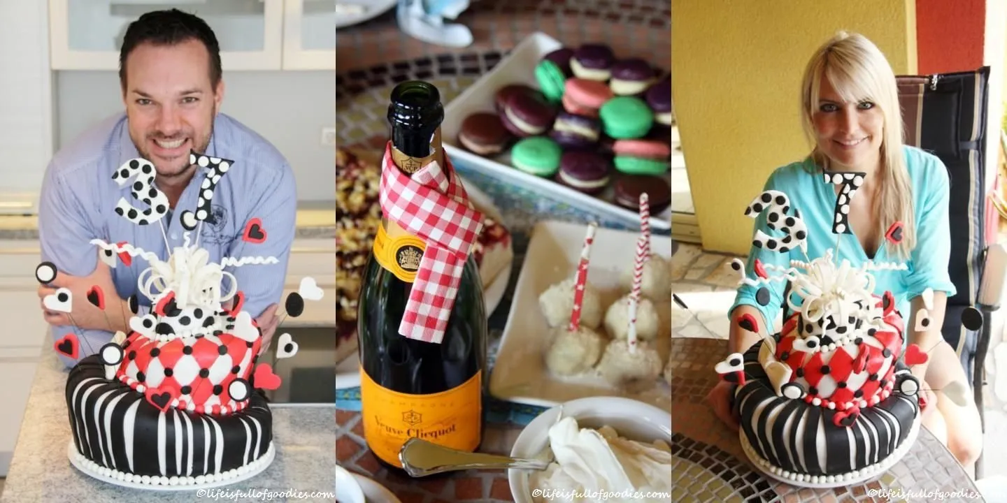 Festlich dekorierte Geburtstagstorte zum 37. von Timm, bereit zum Anschneiden im Gartenambiente.