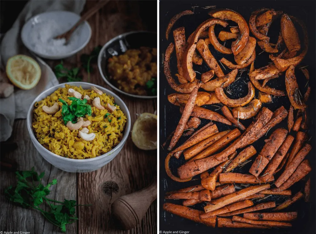 Festlicher Gänsebraten mit geröstetem Ofengemüse und Beilagen auf einer reich gedeckten Tafel
