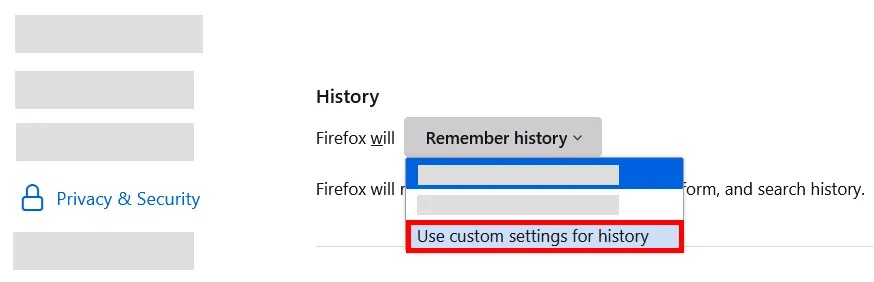Firefox Datenschutzeinstellungen: Option "Benutzerdefinierte Einstellungen für den Verlauf verwenden"