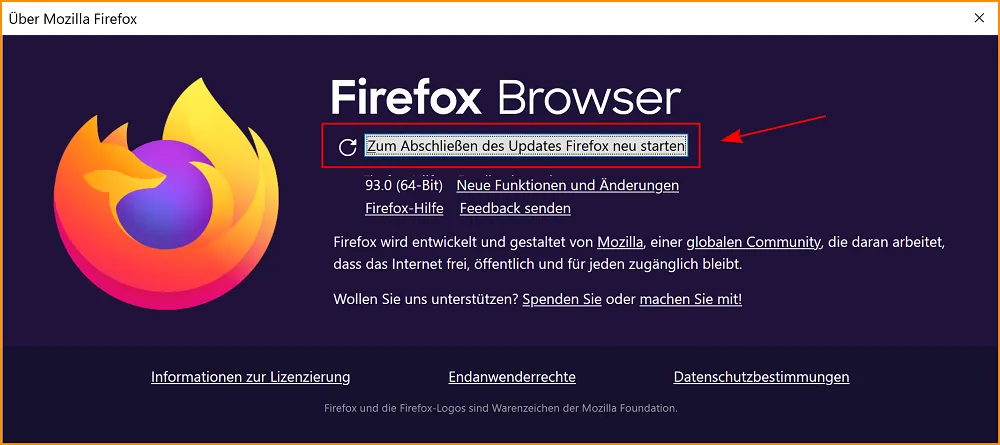 Firefox neu starten zum Abschließen des Updates