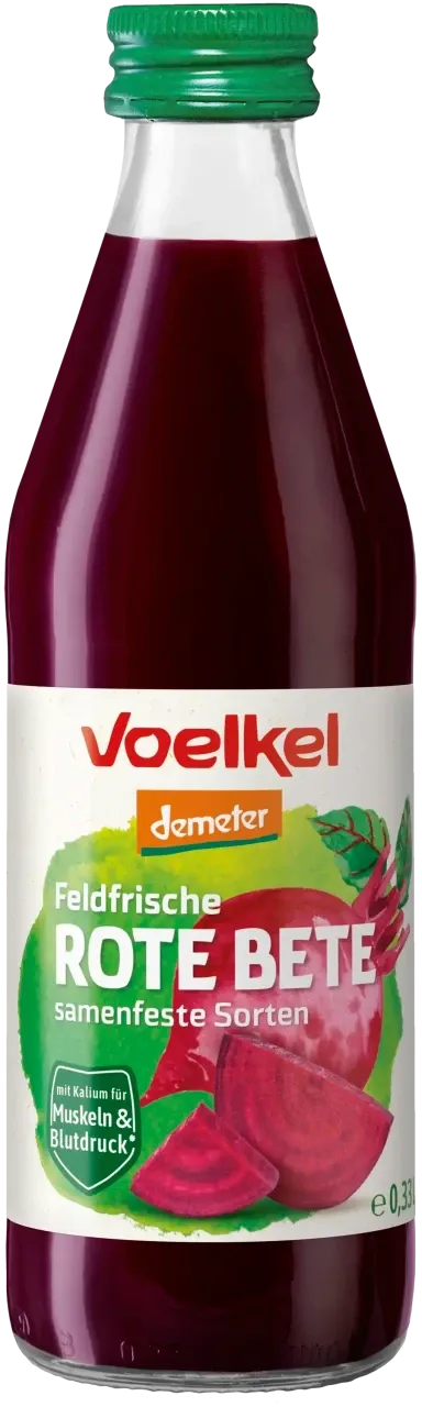 Flasche Voelkel Feldfrische Rote Bete Saft, ideal für eine gesunde Ernährung