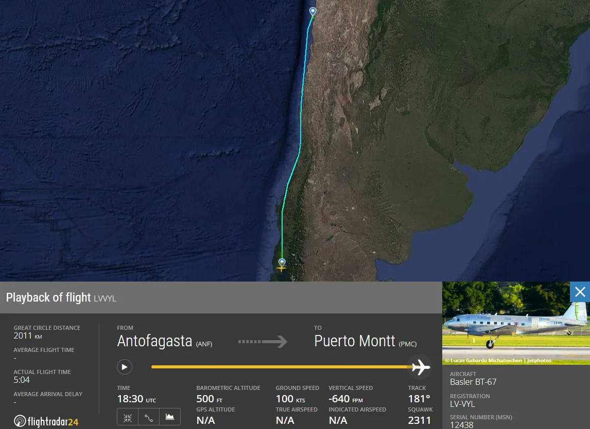 Flugroute Antofagasta nach Puerto Montt