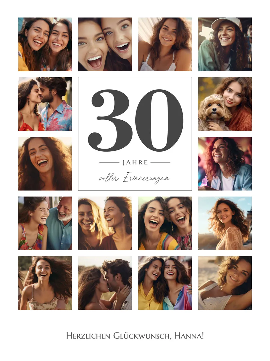 Fotogeschenk zum 30. Geburtstag: Collage mit 16 Fotos von Freunden und Familie
