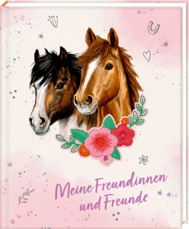 Freundebuch-Cover: Zwei Pferde mit Blumen und dem Schriftzug „Meine Freundinnen und Freunde“ in Rosa auf pastellfarbenem Hintergrund.