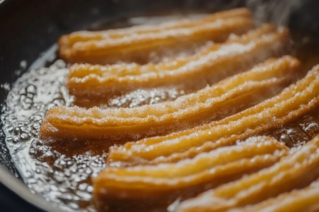 Frisch frittierte Churros brutzeln goldbraun im heißen Öl in einer Pfanne, bereit zum Abtropfen.