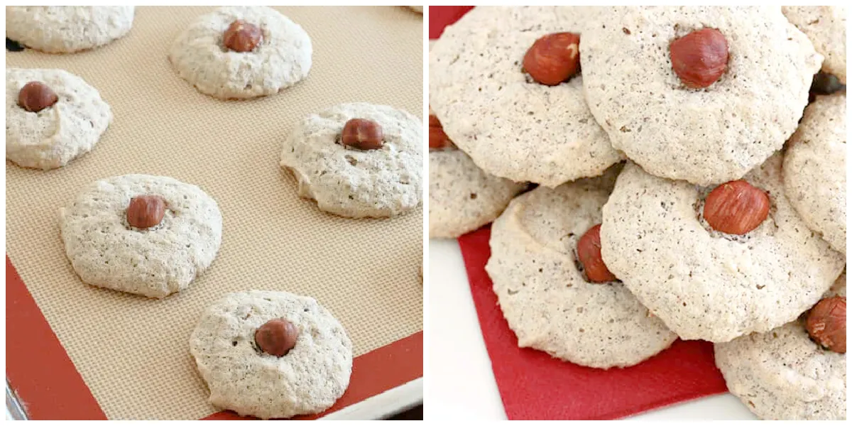 Frisch gebackene Haselnussmakronen mit ganzen Nüssen, perfekt für die Weihnachtszeit