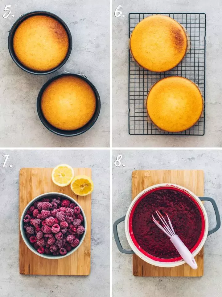 Frisch gebackene Mandelkuchenböden und die selbstgemachte Himbeerfüllung bereit zum Schichten der Torte