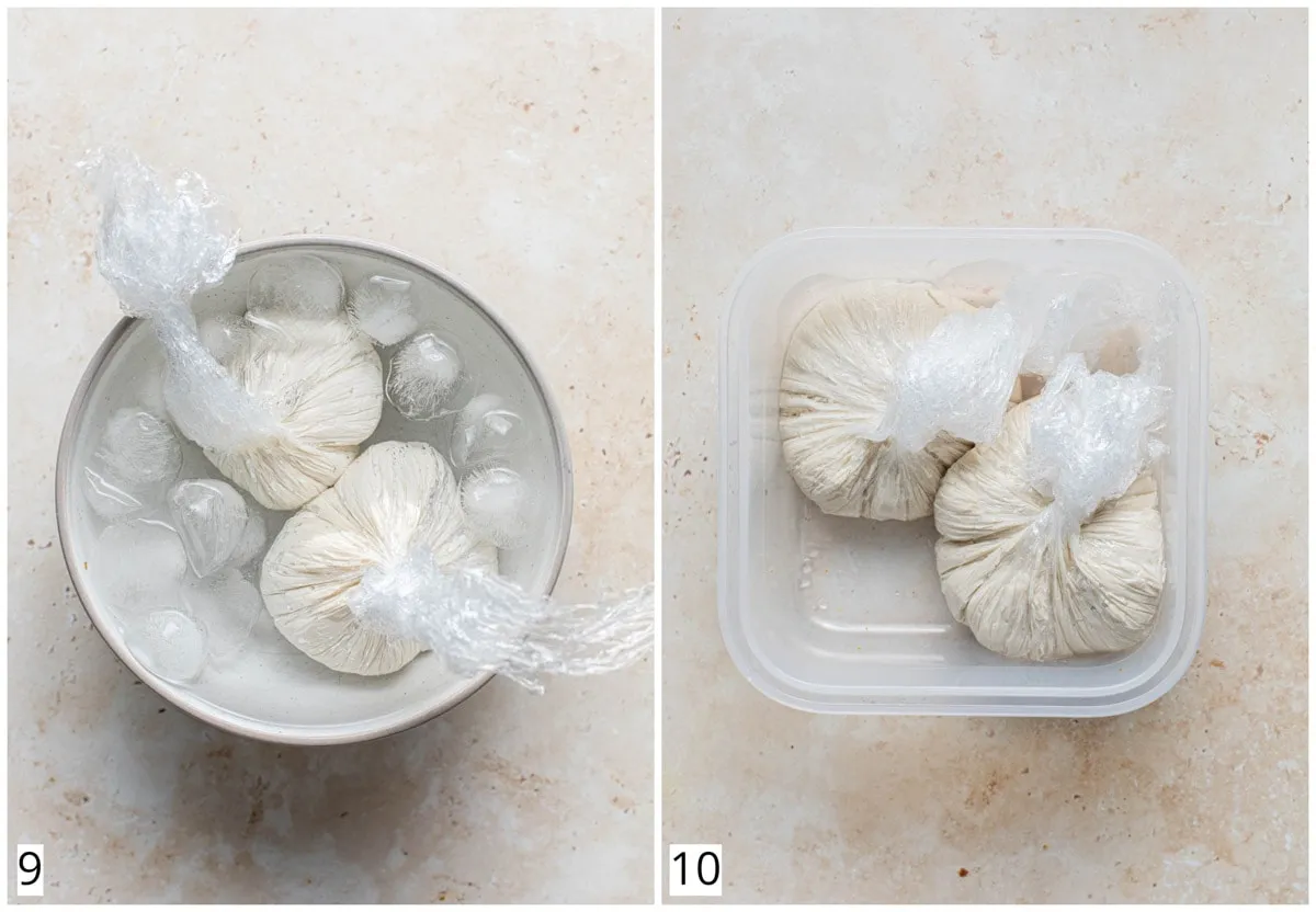 Frisch zubereitete vegane Burrata-Bällchen, gekühlt in Eiswasser für die perfekte Textur