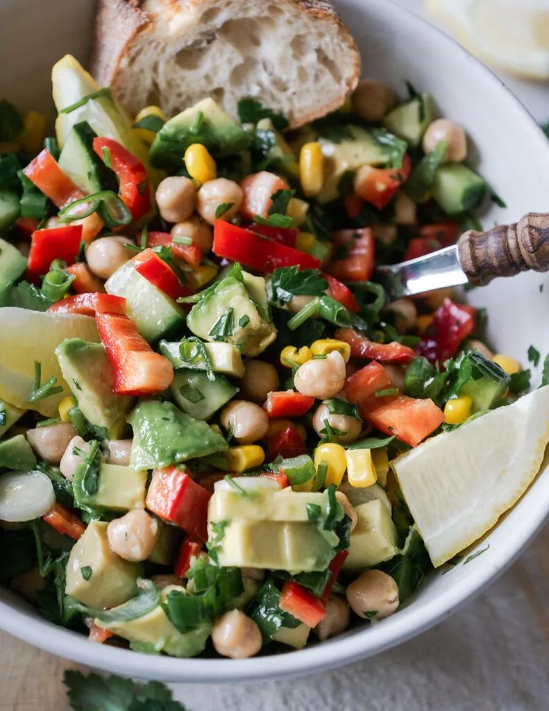 Frisch zubereiteter Kichererbsensalat in einer Schüssel, bereit zum Servieren, ideal für eine schnelle vegane Mahlzeit