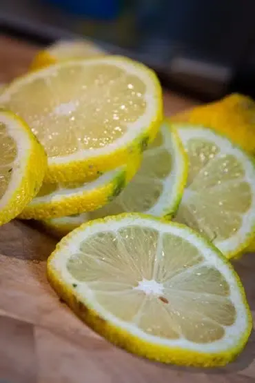 Frische Zitronenscheiben auf einem Holzbrett, bereit zum Servieren mit Garnelen.