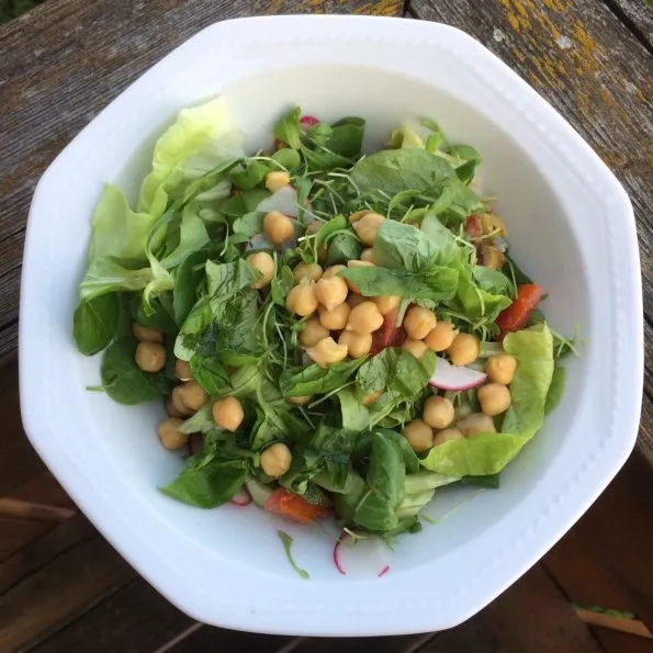 Frischer grüner Salat mit Kichererbsen, Radieschen, Tomaten und selbst gezüchteter Kresse, angerichtet mit einer leichten Vinaigrette
