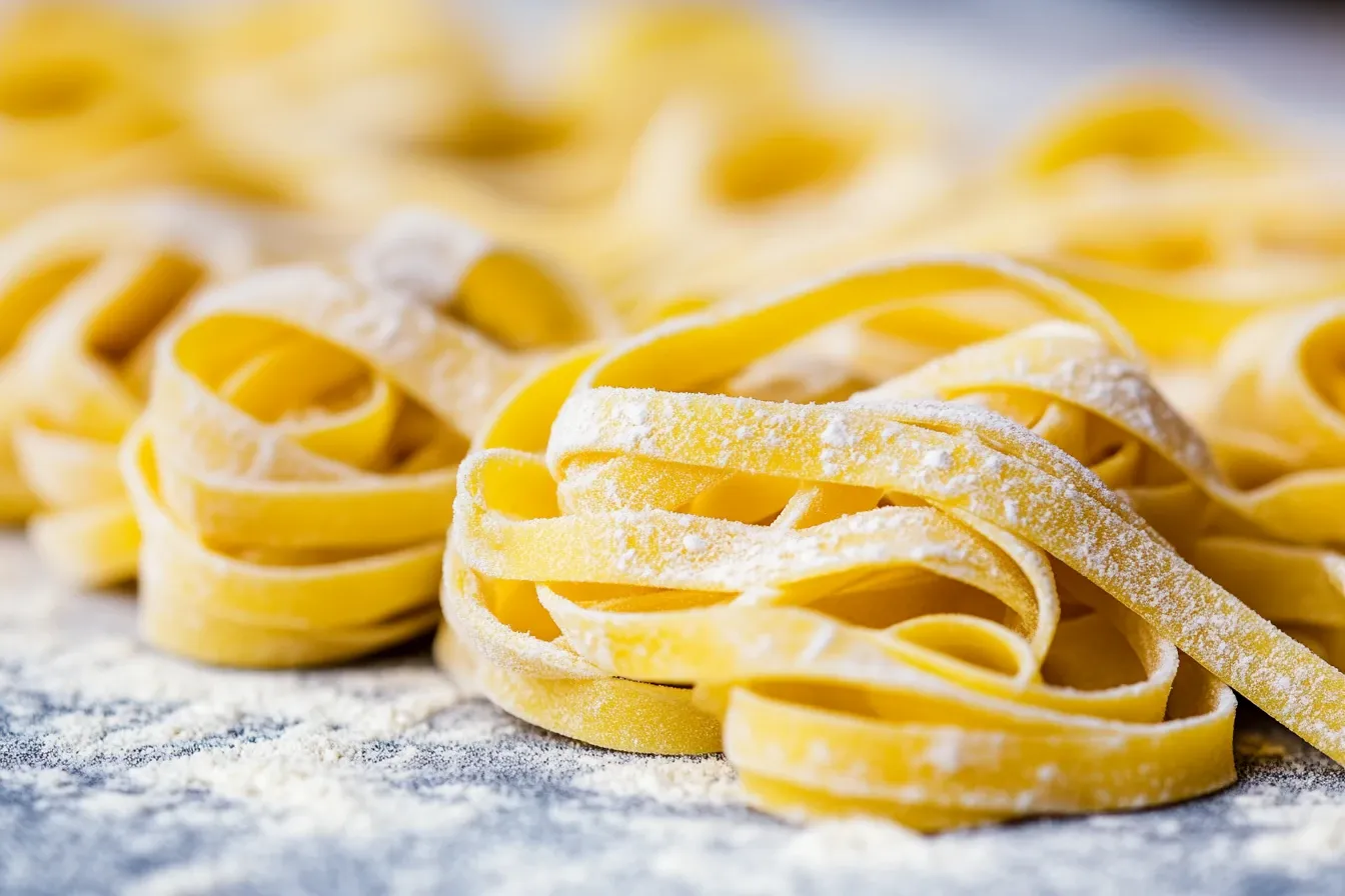 Frischer Nudelteig wird durch eine Nudelmaschine gedreht, um hausgemachte Pasta herzustellen