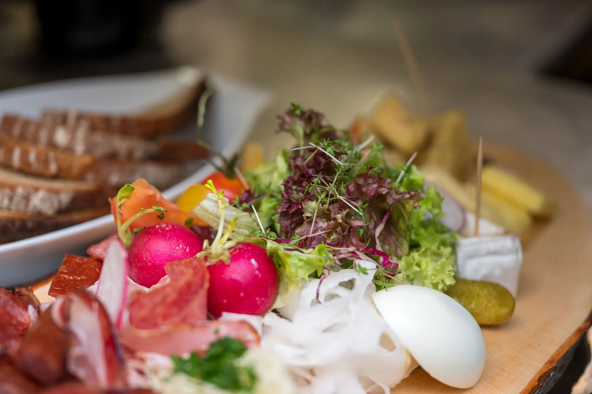 Frischer Salat mit Radieschen und Kräutern, angerichtet in einer rustikalen Schale, typisch für eine traditionelle deutsche Küche, die Wert auf regionale Produkte legt.
