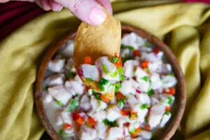 Frisches Fisch-Ceviche mit Tortilla-Chip, bereit zum Genuss