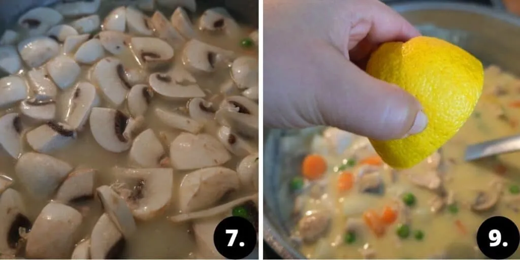 Frisches Gemüse und Hähnchenstücke werden einer cremigen Mehlschwitze für das Hühnerfrikassee hinzugefügt