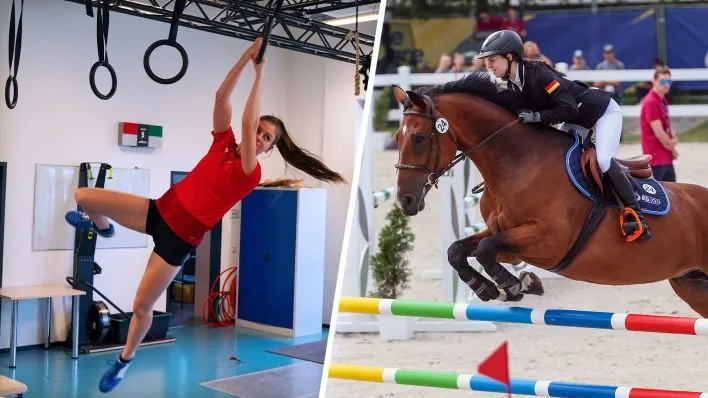 Fünfkämpferin Cicelle Leh beim Obstacle-Training und während Springreiten bei den European Games 2023
