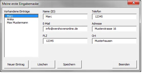 Funktionierende Excel Eingabemaske mit Adressdaten zur Datenerfassung