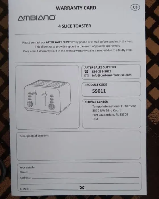 Garantiekarte für den Ambiano 4-Schlitz-Toaster von Aldi