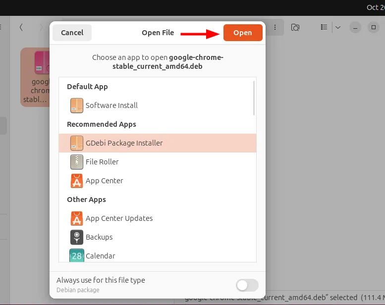 GDebi Paket-Installer installiert Chrome unter Ubuntu 24.04