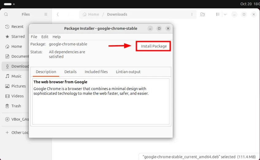 GDebi Paket-Installer installiert Google Chrome Paket unter Ubuntu 24.04