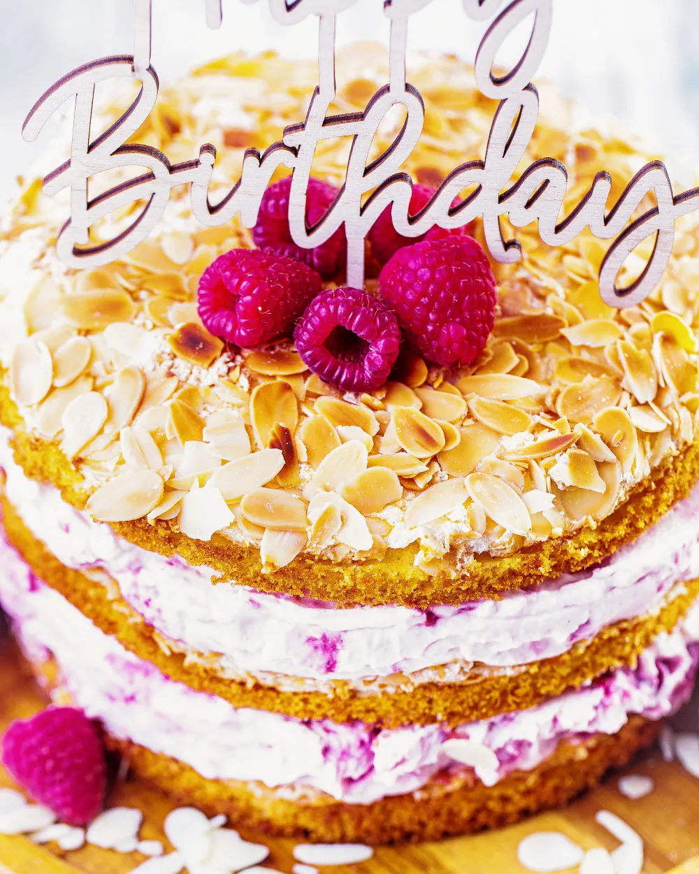Geburtstagskuchen selber machen: Nahaufnahme des geschichteten Himbeer-Quark Naked Cakes mit Baiserböden