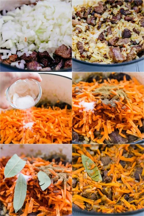 Gehackte Zwiebeln und Karotten werden zum angebratenen Rindfleisch in den Topf gegeben und mit aromatischen Gewürzen vermischt, um die Basis für das Plov zu schaffen