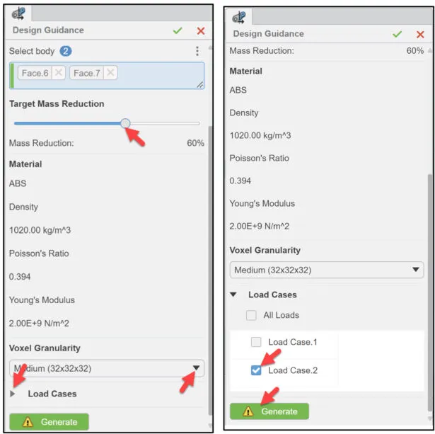 Generierung einer neuen Form basierend auf Lastfall 2 und 60% Massenreduktion in SOLIDWORKS xDesign Design Guidance.