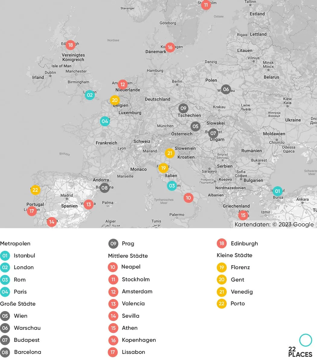 Geografische Verteilung der 22 vorgestellten Städtereiseziele in Europa auf einer Karte