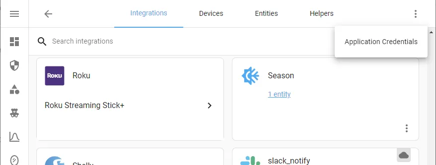 Geräte- und Dienste-Menü in Home Assistant zur Verwaltung von Anmeldeinformationen