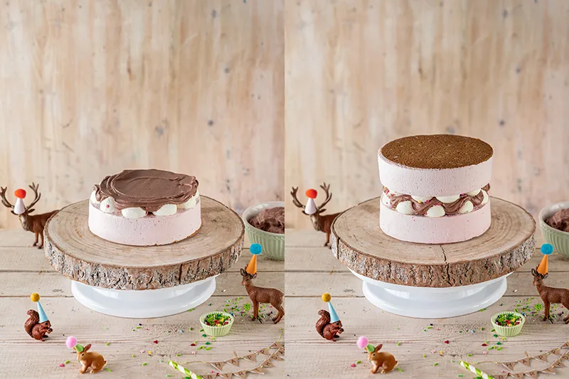 Geschichtete Benjamin-Blümchen Torten mit Schokoladencreme für den Geburtstagskuchen Waldtiere