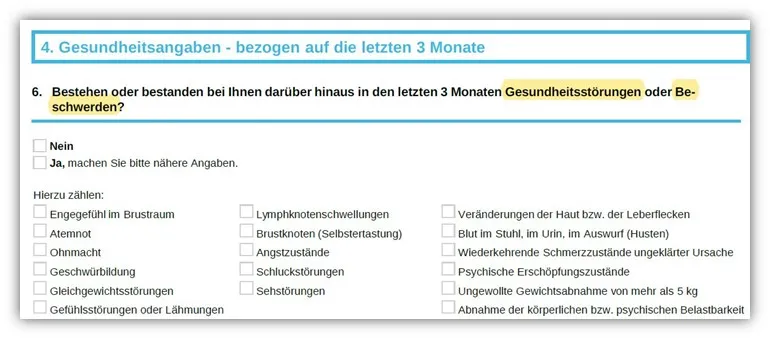 Gesundheitsfragen der Hannoverschen Risikolebensversicherung: Beschwerden