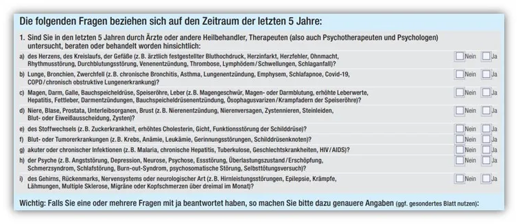 Gesundheitsfragen der Hannoverschen Risikolebensversicherung mit Fokus auf die letzten 5 Jahre