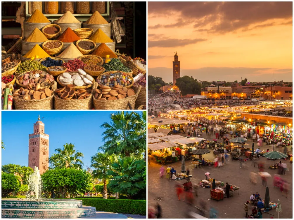 Gewürze auf einem Markt in Marrakesch (o. links), Koutoubia Moschee (u. links), der Djemaa el-Fna Marktplatz (rechts)