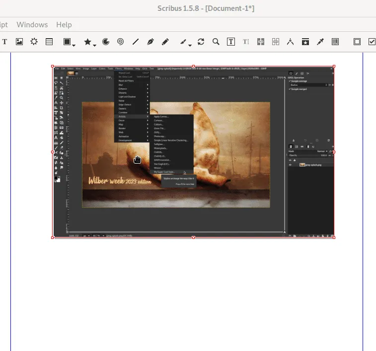GIF zeigt die Verwendung eines Beschneidungspfads, erstellt in GIMP 2.99.16, in Scribus.