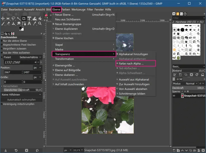 GIMP Farbtransparenz Dialog