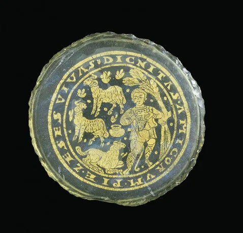 Glasrundel (300-399 n. Chr.) mit Hirten und Herde aus dem Corning Museum of Glass, ein Zeugnis antiker Trinkkultur.