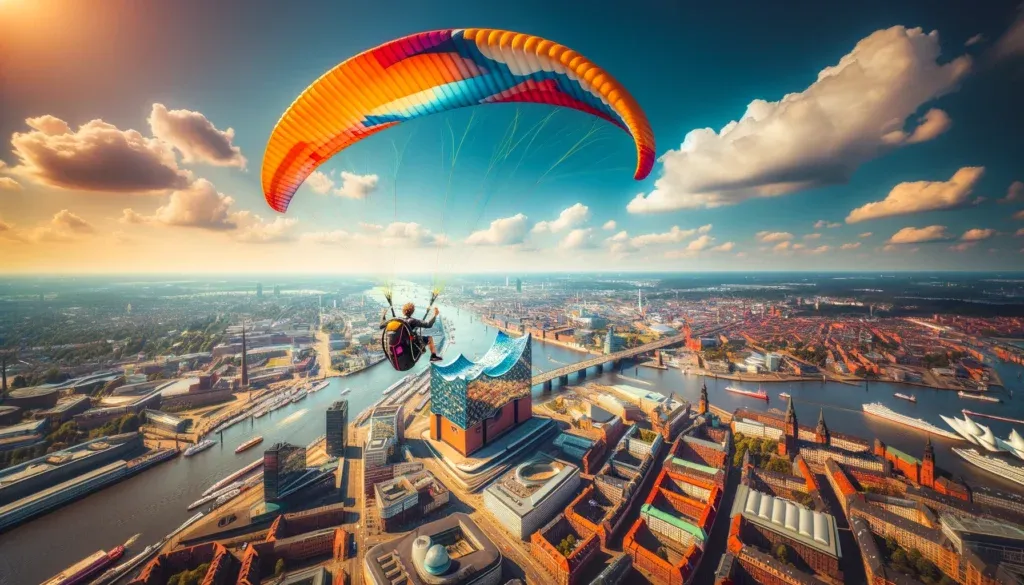 Gleitschirm Tandemflug über der Hamburger Skyline