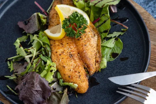 Goldbraun gebratenes Pangasiusfilet servierfertig auf dem Teller