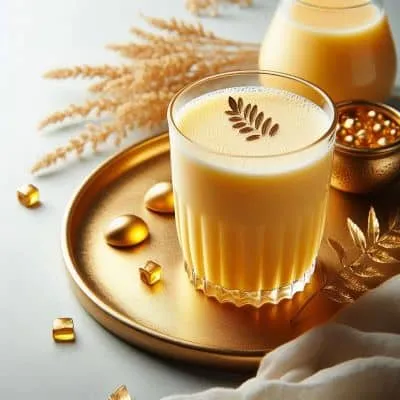 Goldene Milch in einem Glas, liebevoll angerichtet mit Gewürzen und einem Strohhalm, ein wohltuendes basisches Detox-Getränk.