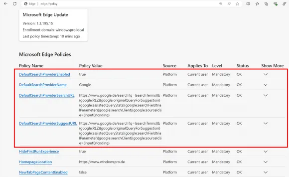 Google als Standardsuchmaschine in Edge per GPO einrichten