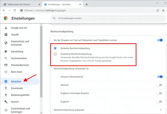 Google Chrome nutzt standardmäßig die lokale Rechtschreibprüfung.