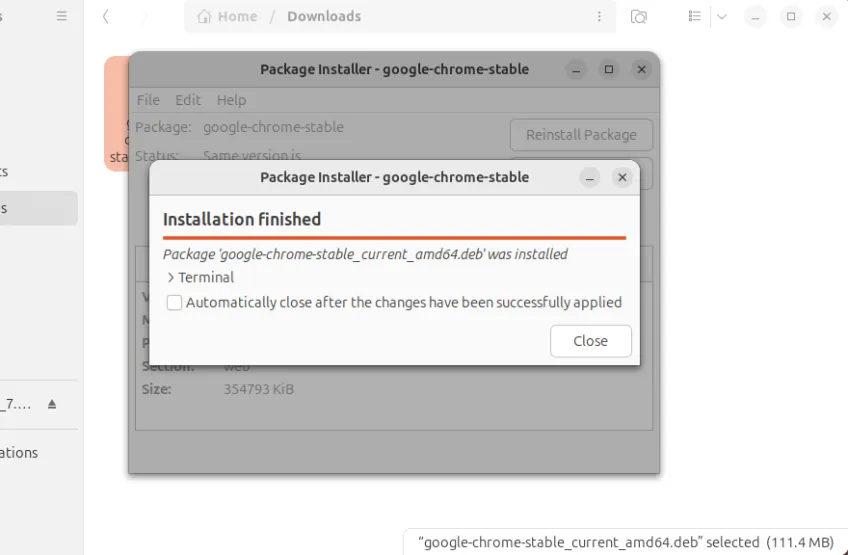 Google Chrome Paketinstallation GDEBI abgeschlossen