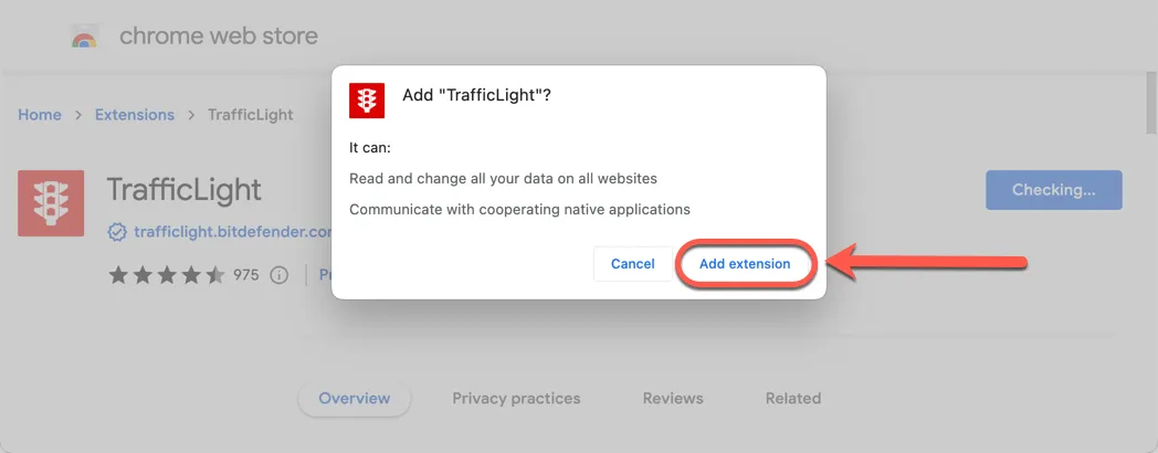 Google Chrome Pop-up zur Bestätigung des Hinzufügens der Bitdefender TrafficLight Erweiterung