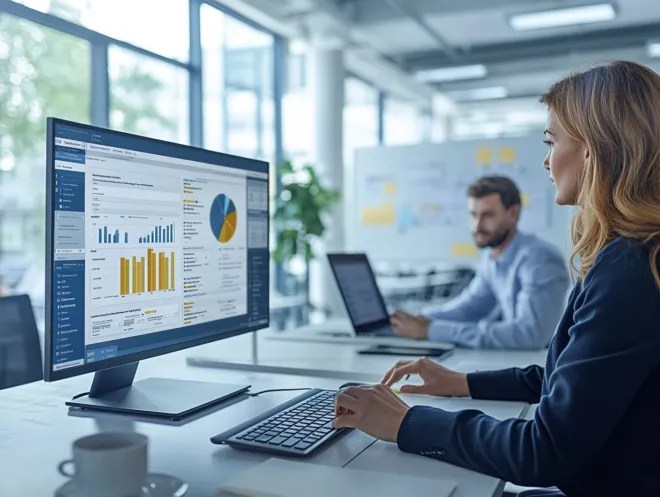 Grafische Darstellung einer Datenbankanwendung, die SAP DMS und Dokumentenmanagement symbolisiert