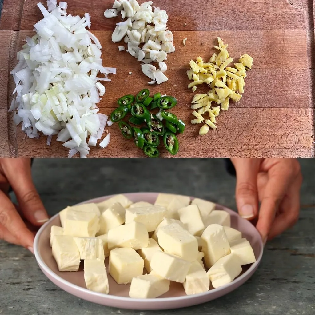 Grob gewürfelte Zwiebel, Knoblauch und Ingwer