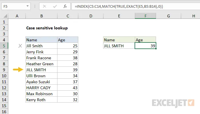 Groß- und Kleinschreibung beachtende Suche mit INDEX und VERGLEICH