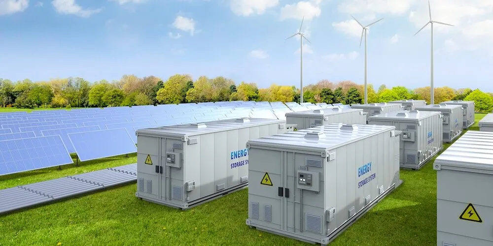 Große Batteriespeicher-Container mit Windrädern und Solaranlagen im Hintergrund, symbolisieren die Rolle der Energiespeicherung für die Energiewende und die Integration erneuerbarer Energien.
