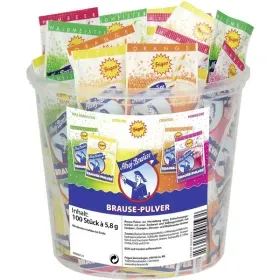 Große Packung Ahoj Brause Pulver mit 100 Tütchen in den klassischen Geschmacksrichtungen Waldmeister, Himbeere, Orange und Zitrone, bereit für die Zubereitung des beliebten ahoj brause getränk.