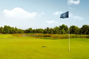 Grüner Golfplatz mit Bäumen und einem Teich unter blauem Himmel in Schleswig-Holstein.